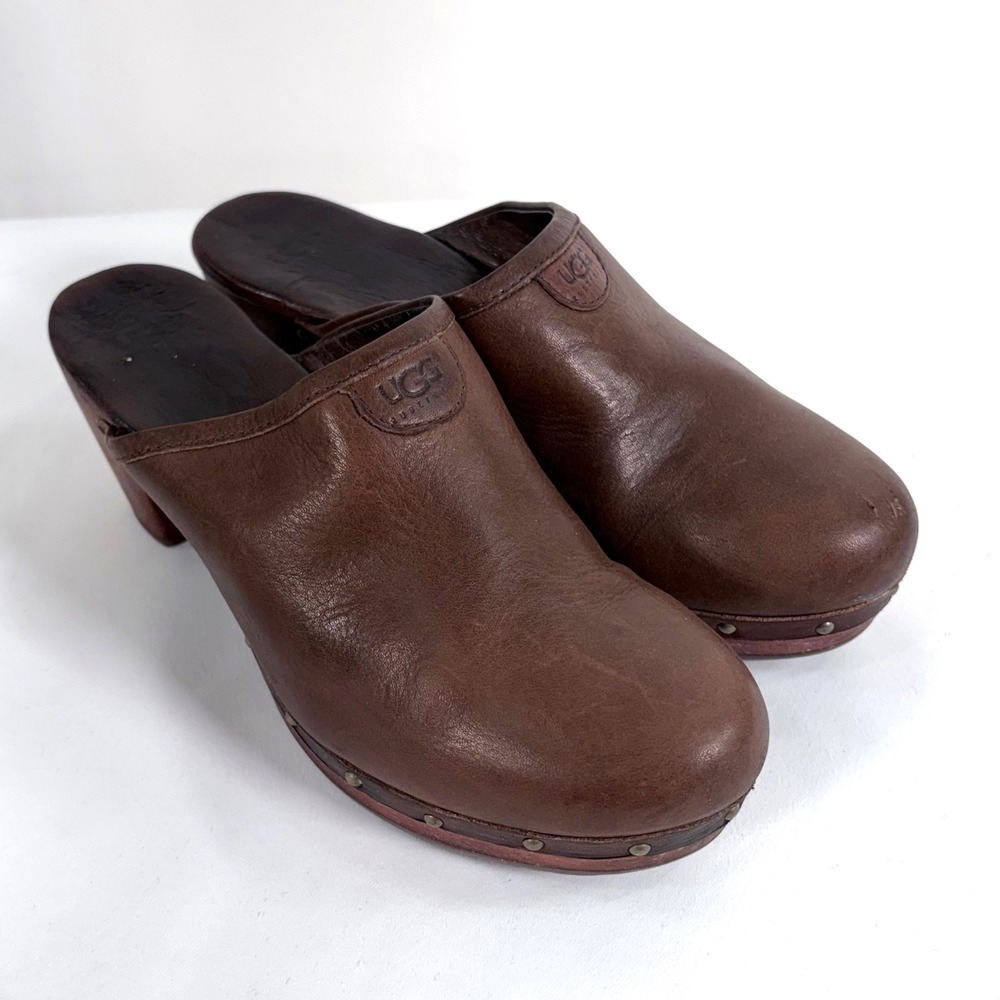 UGG Australia Clogs Brown Leather Wood Heel Studded Mules WomenSz 8